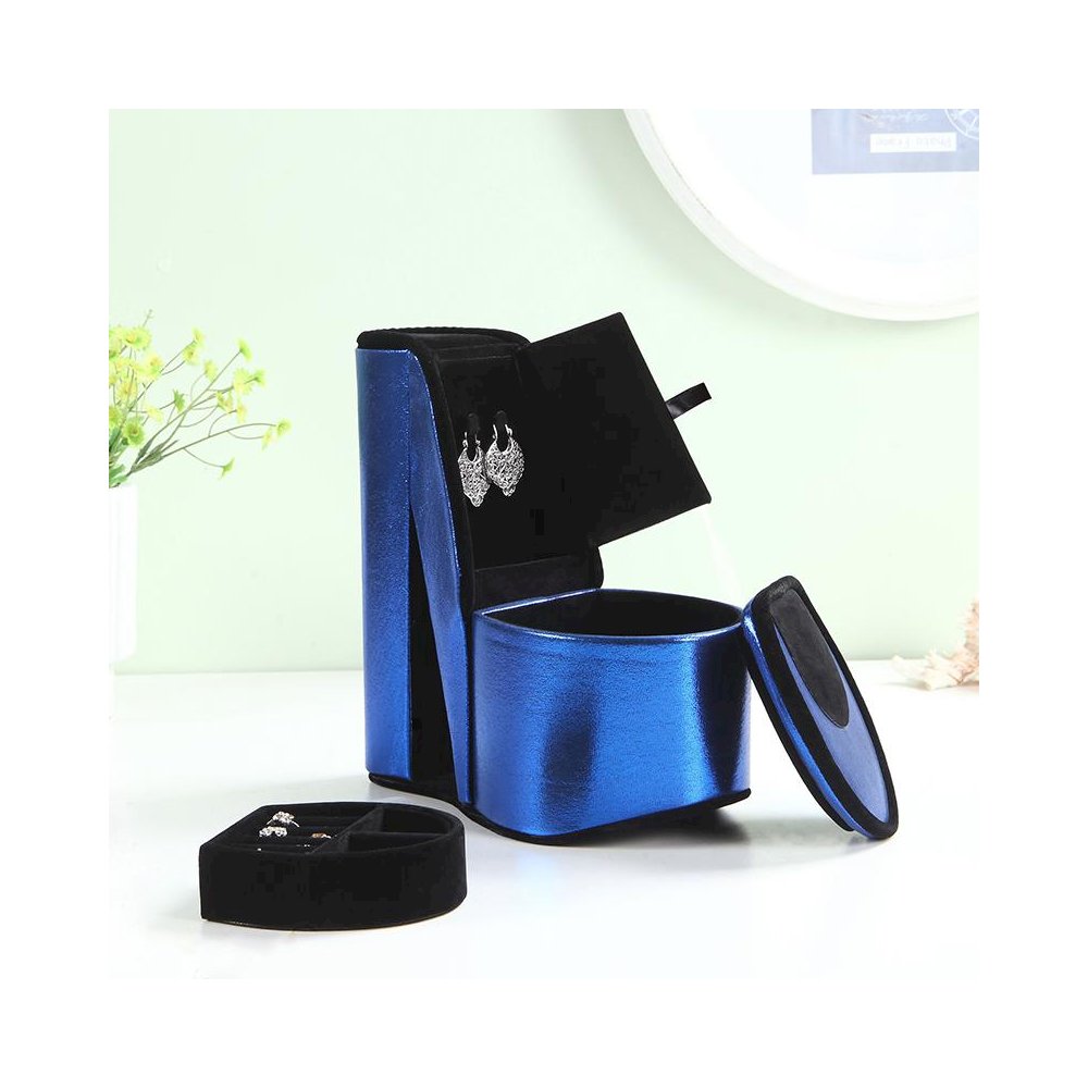9" In Blue Iridescent Velvet High Heel Shoe Hidden Jewelry Box. Picture 4