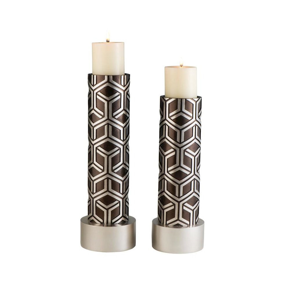 14", 16" Chestnut Bamboo Weave Candleholders Set of 2. Picture 1