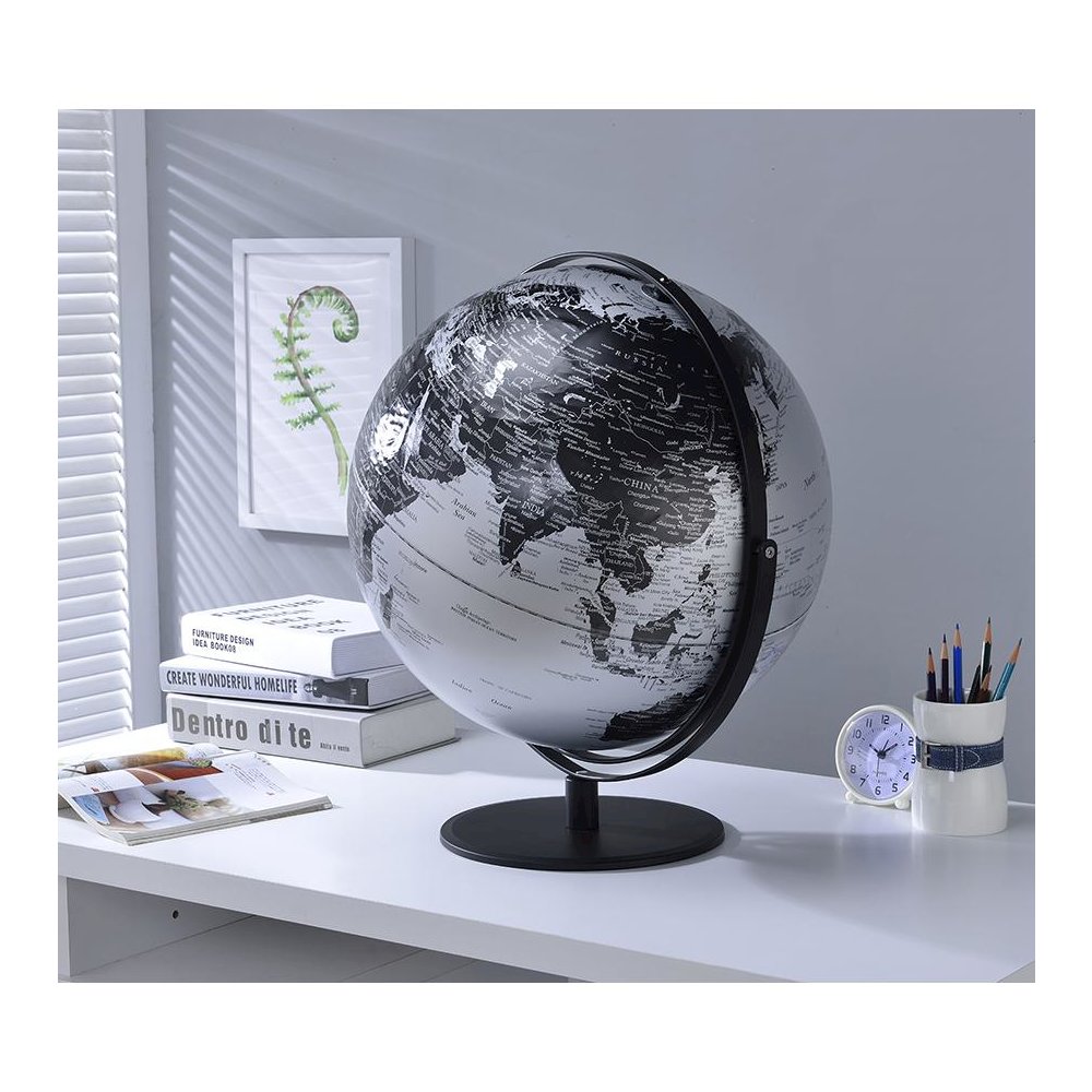 20.5 In Black/Silver Globe W/ 3D Mountain Features On Black Metal Frame. Picture 2