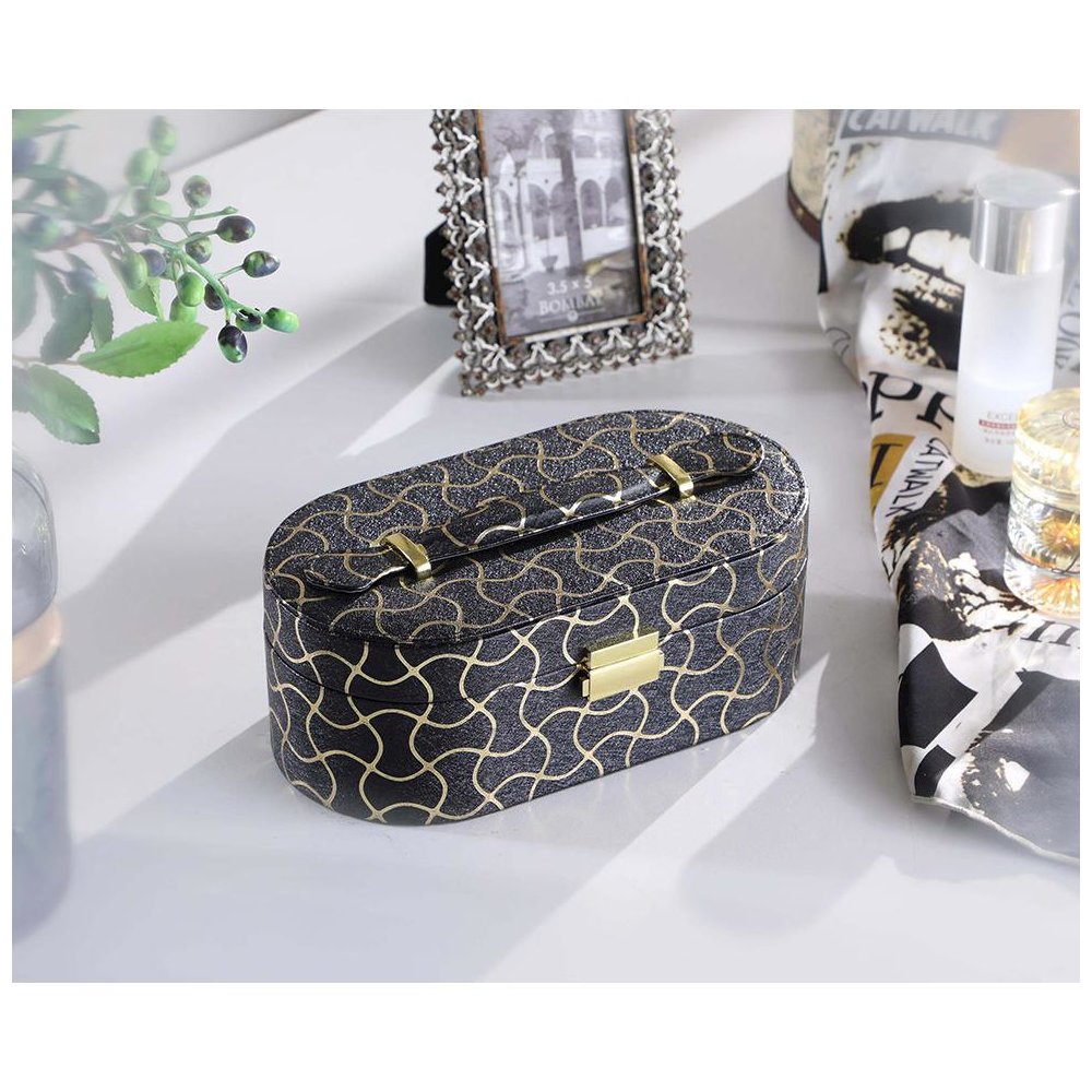 3.5" In Black Leather W/ Gold Swirl Piping Jewelry Case W/ Mirror Travel Case. Picture 3