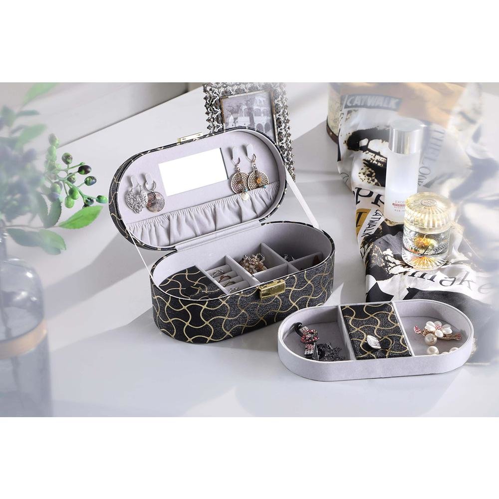 3.5" In Black Leather W/ Gold Swirl Piping Jewelry Case W/ Mirror Travel Case. Picture 4