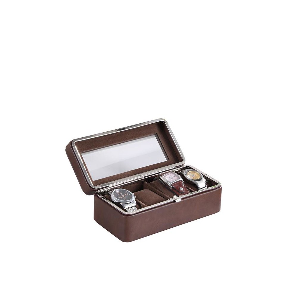 3.5" In  Brown Leather Brown Lining Tempered Glass 4-Watch Display Case. Picture 1