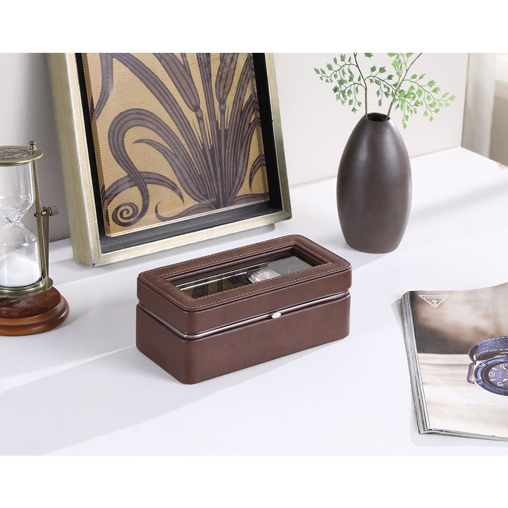 3.5" In  Brown Leather Brown Lining Tempered Glass 4-Watch Display Case. Picture 2