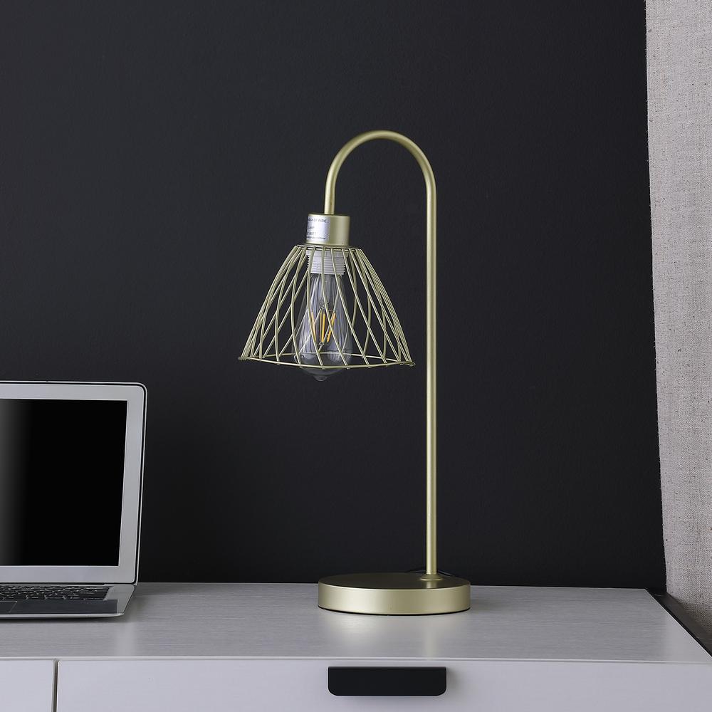 20.5" In Industrial Farm Pendant Cage Satin Matte Gold Metal Table Lamp. Picture 3