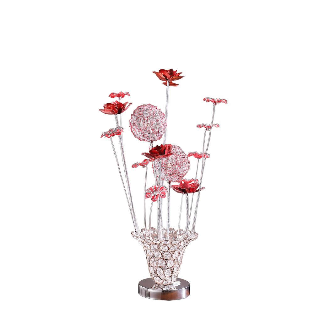 4 Red Roses 6 Petal Floral 2 Red/Silver Flower Bud On A Trumpet Vase Table Lamp. Picture 1