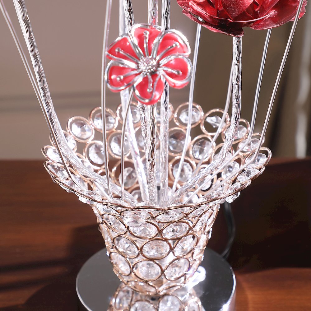 4 Red Roses 6 Petal Floral 2 Red/Silver Flower Bud On A Trumpet Vase Table Lamp. Picture 5