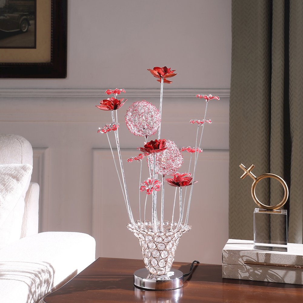4 Red Roses 6 Petal Floral 2 Red/Silver Flower Bud On A Trumpet Vase Table Lamp. Picture 3