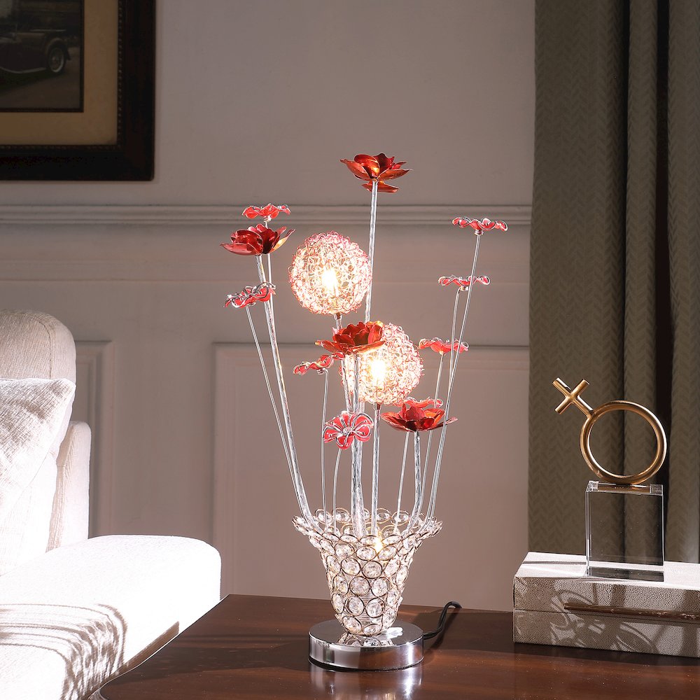 4 Red Roses 6 Petal Floral 2 Red/Silver Flower Bud On A Trumpet Vase Table Lamp. Picture 4