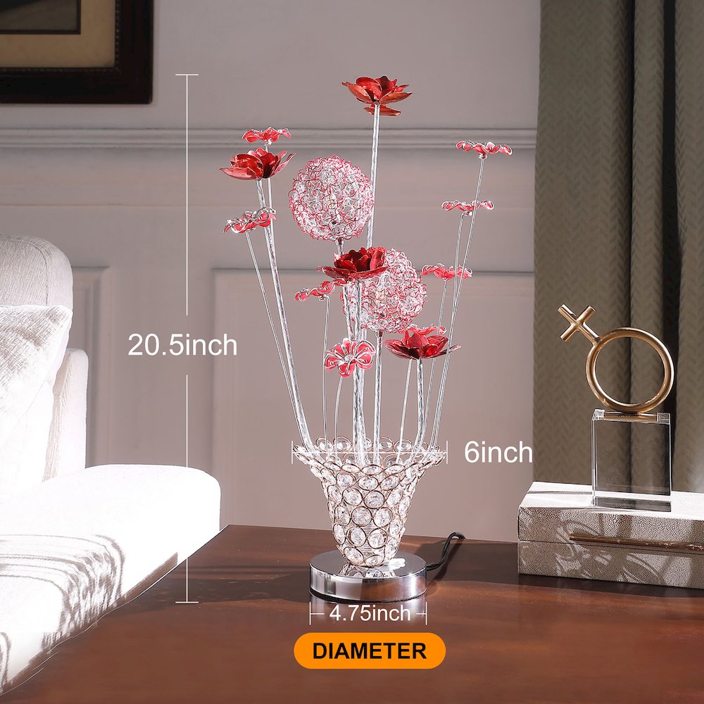 4 Red Roses 6 Petal Floral 2 Red/Silver Flower Bud On A Trumpet Vase Table Lamp. Picture 8
