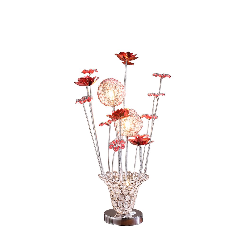 4 Red Roses 6 Petal Floral 2 Red/Silver Flower Bud On A Trumpet Vase Table Lamp. Picture 2