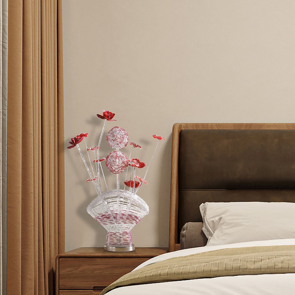 4 Red Roses 6 Petal Floral 2  Flower Bud On A Fan Aluminum Vase Table Lamp. Picture 6