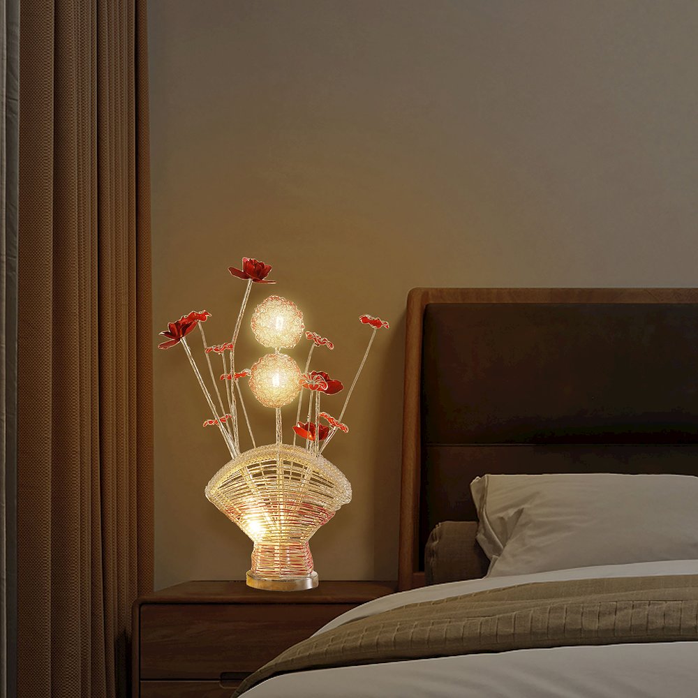 4 Red Roses 6 Petal Floral 2  Flower Bud On A Fan Aluminum Vase Table Lamp. Picture 7