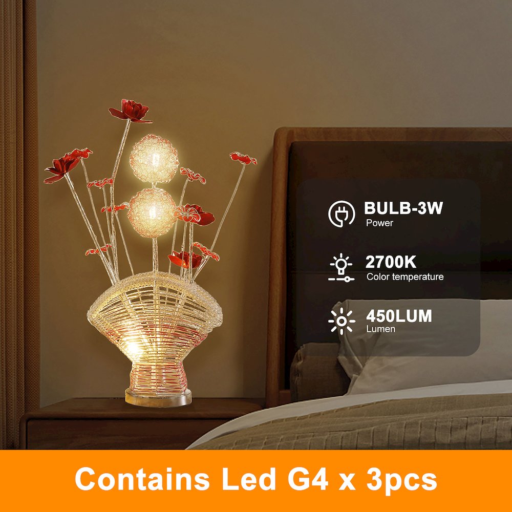 4 Red Roses 6 Petal Floral 2  Flower Bud On A Fan Aluminum Vase Table Lamp. Picture 9