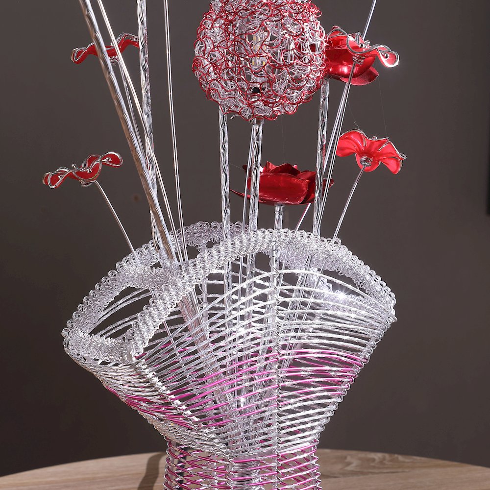 4 Red Roses 6 Petal Floral 2  Flower Bud On A Fan Aluminum Vase Table Lamp. Picture 5