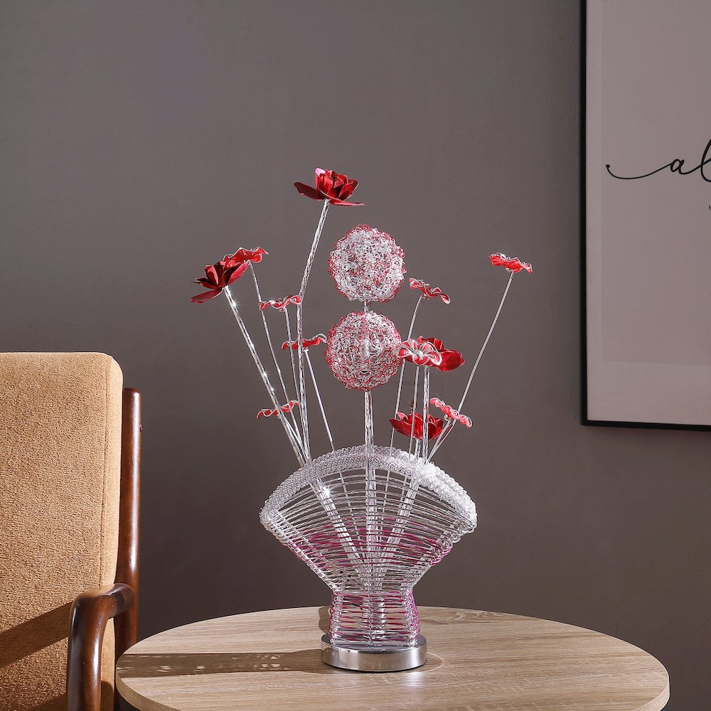 4 Red Roses 6 Petal Floral 2  Flower Bud On A Fan Aluminum Vase Table Lamp. Picture 3