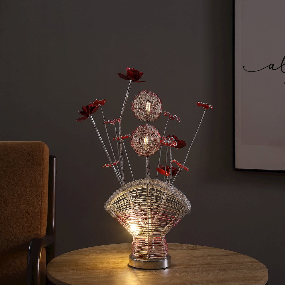 4 Red Roses 6 Petal Floral 2  Flower Bud On A Fan Aluminum Vase Table Lamp. Picture 4