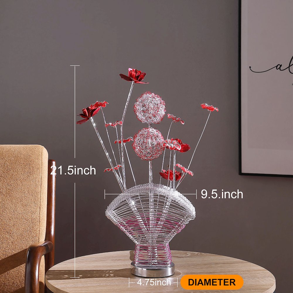 4 Red Roses 6 Petal Floral 2  Flower Bud On A Fan Aluminum Vase Table Lamp. Picture 8