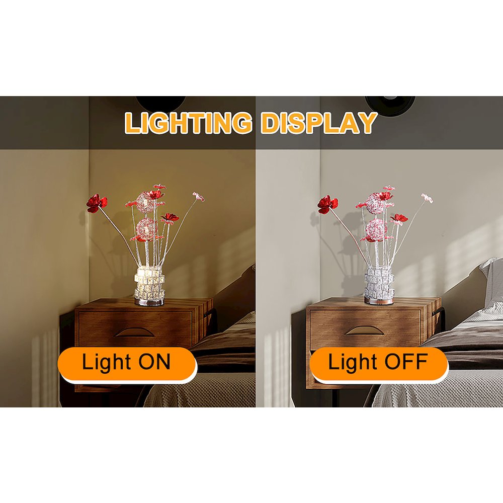 4 Red Roses 6 Petal Floral 2 Red/Silver Flower Bud Vase Table Lamp. Picture 10