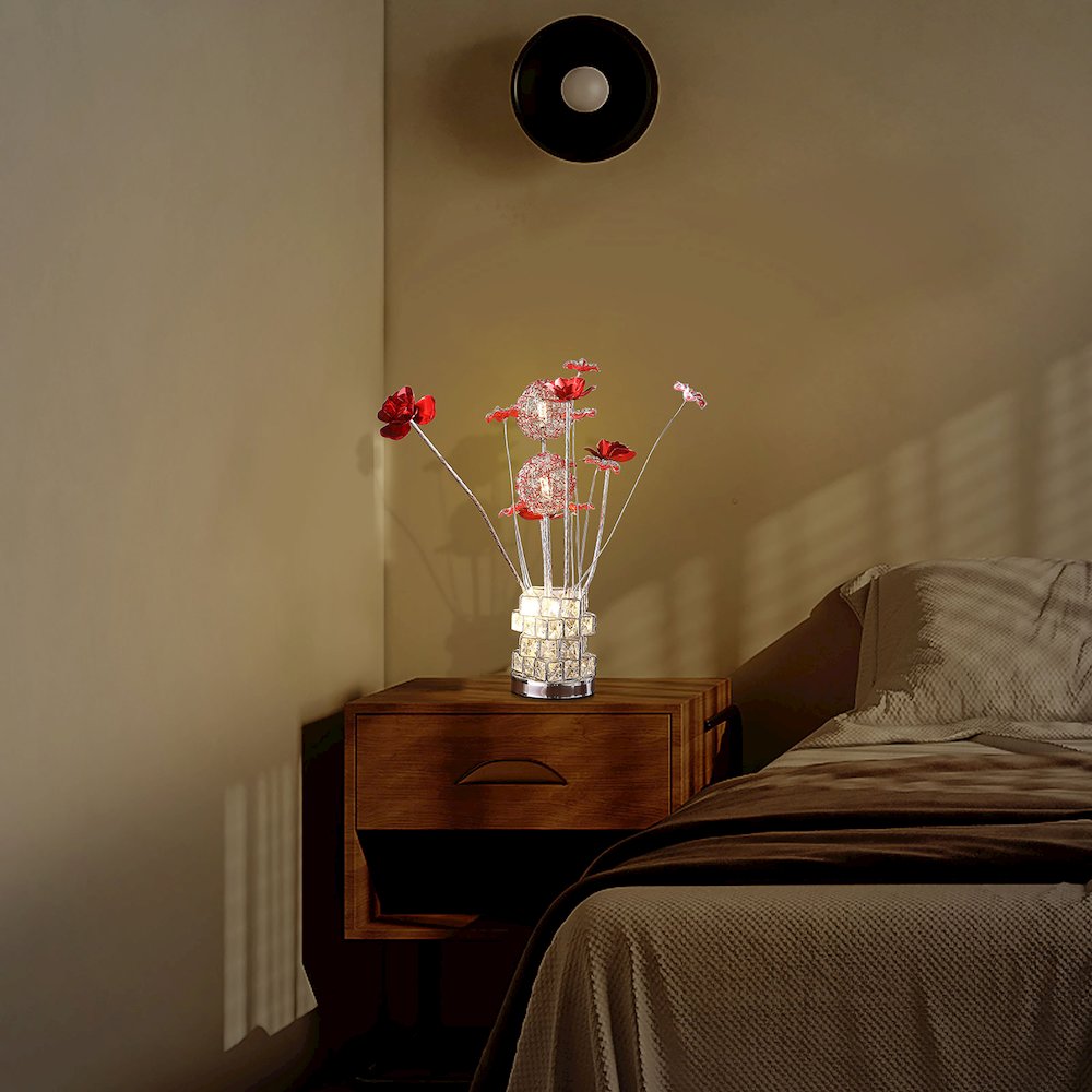 4 Red Roses 6 Petal Floral 2 Red/Silver Flower Bud Vase Table Lamp. Picture 7