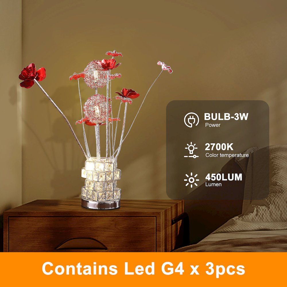 4 Red Roses 6 Petal Floral 2 Red/Silver Flower Bud Vase Table Lamp. Picture 9