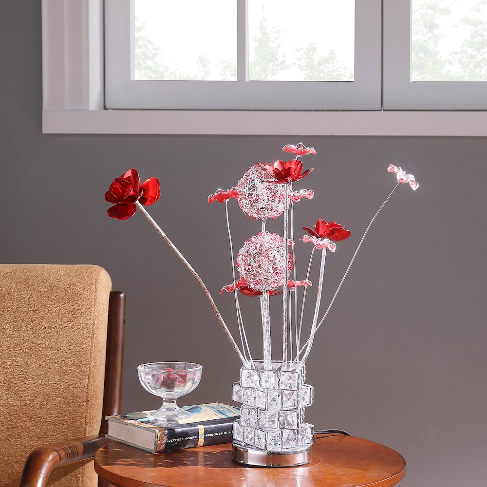 4 Red Roses 6 Petal Floral 2 Red/Silver Flower Bud Vase Table Lamp. Picture 3