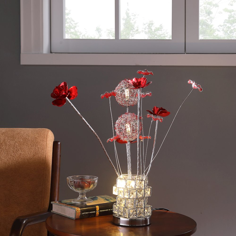 4 Red Roses 6 Petal Floral 2 Red/Silver Flower Bud Vase Table Lamp. Picture 4