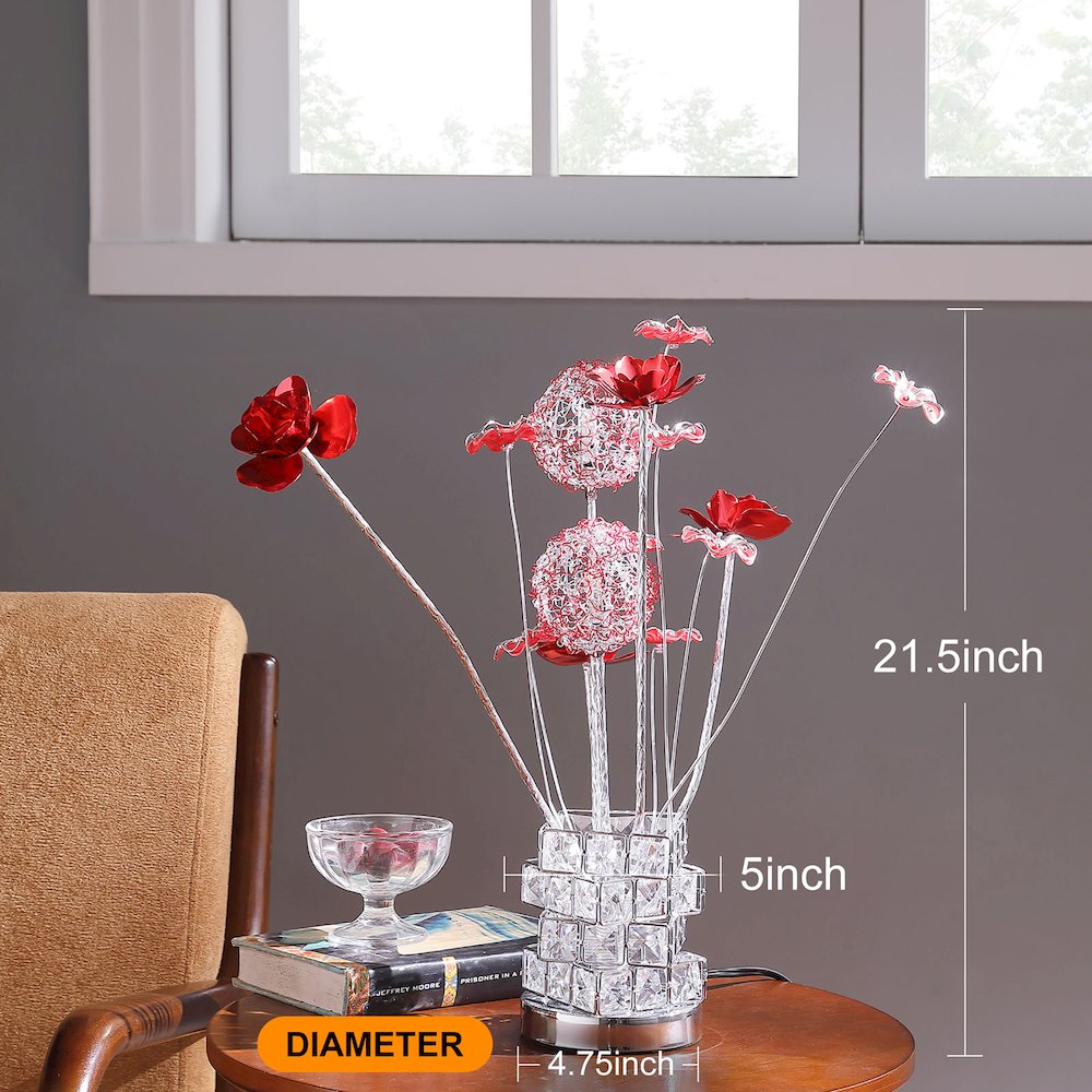 4 Red Roses 6 Petal Floral 2 Red/Silver Flower Bud Vase Table Lamp. Picture 8