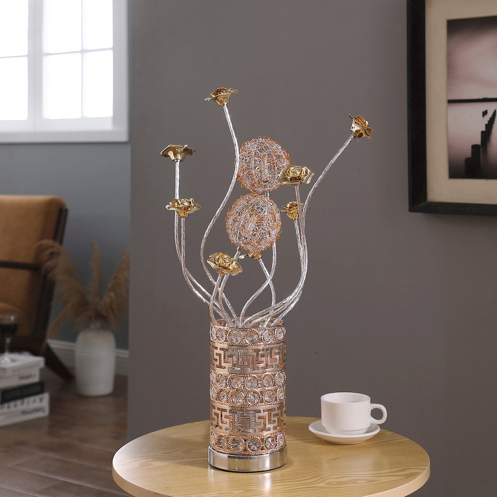 21.5"H 3 G4 Led Aluminum Golden Rose Wire Bud Flower Bud Table Lamp. Picture 3