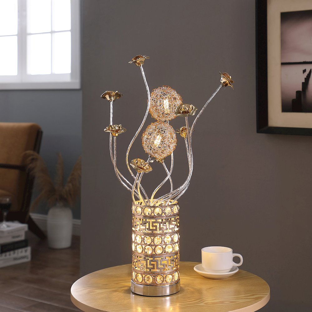 21.5"H 3 G4 Led Aluminum Golden Rose Wire Bud Flower Bud Table Lamp. Picture 4