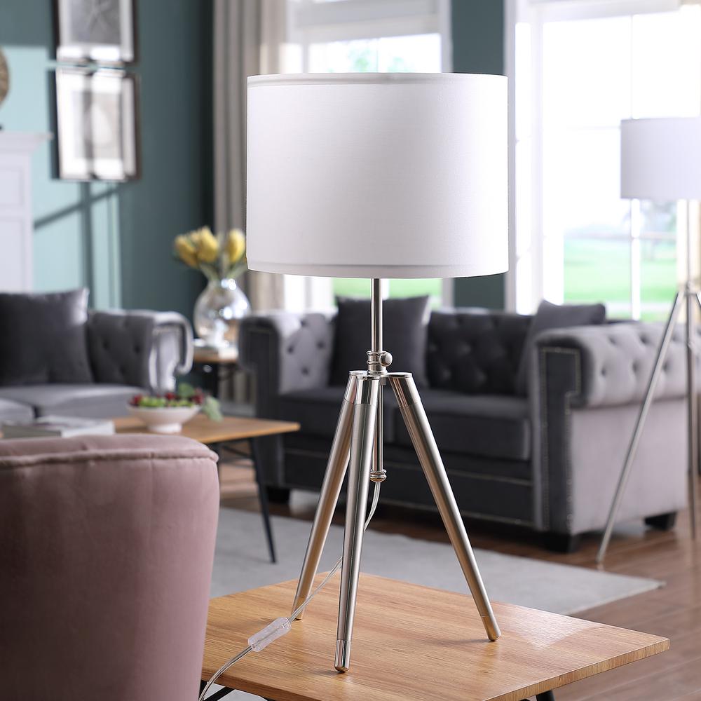34.25" - 29.25" In Mid-Century Adjustable Tripod Chrome/Silver Metal Table Lamp. Picture 3