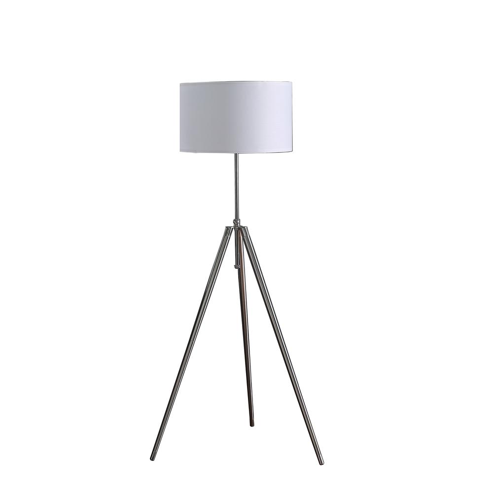 64" - 47" In Mid-Century Adjustable Tripod Chrome/Silver Metal Floor Lamp. Picture 1