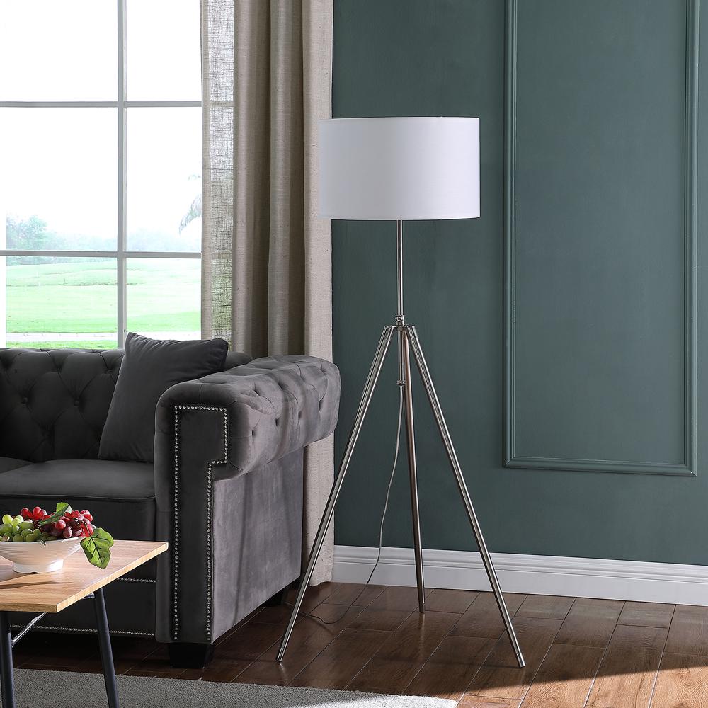 64" - 47" In Mid-Century Adjustable Tripod Chrome/Silver Metal Floor Lamp. Picture 3