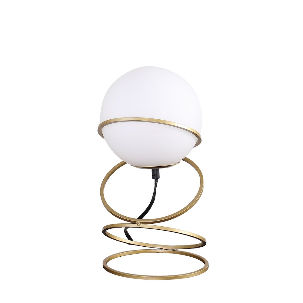 13.5" H Glass Globe Matte Gold Spiral 4 Ring Metal Stand Table Lamp. Picture 1