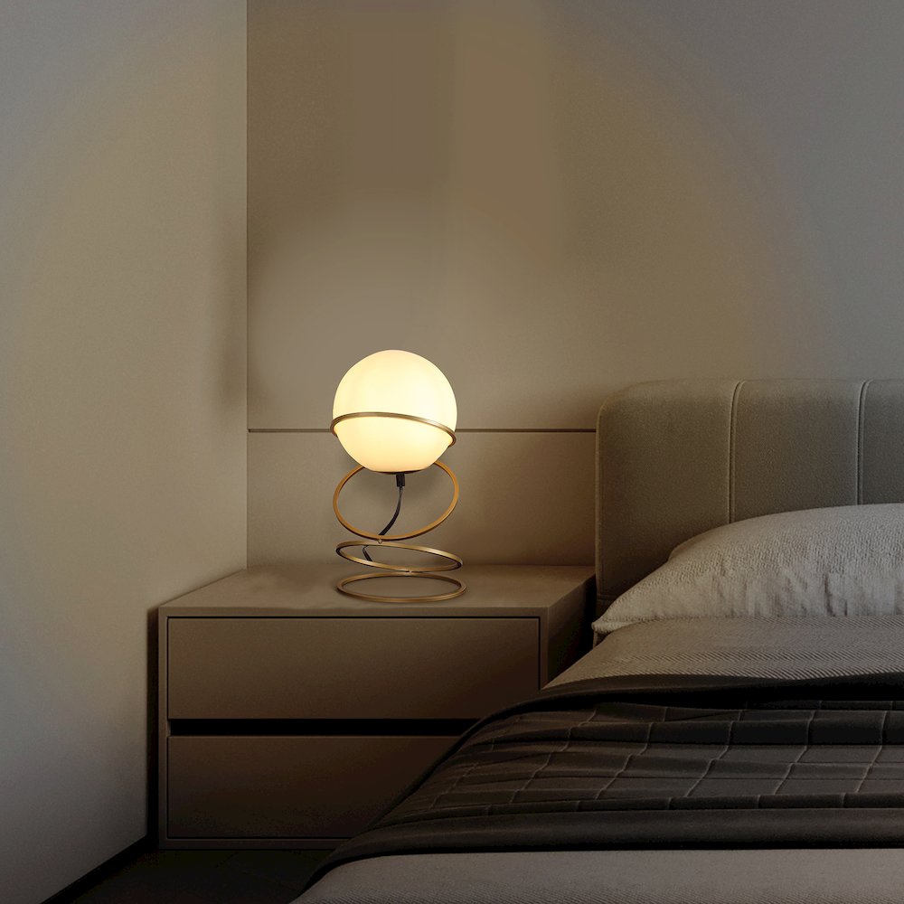 13.5" H Glass Globe Matte Gold Spiral 4 Ring Metal Stand Table Lamp. Picture 8