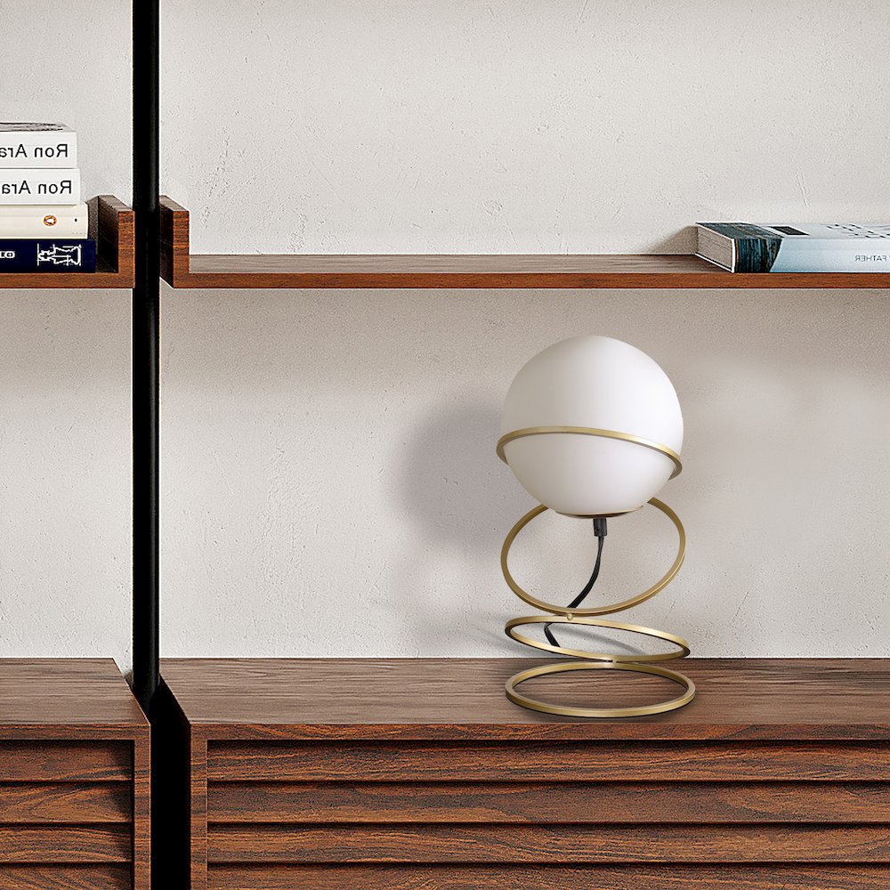 13.5" H Glass Globe Matte Gold Spiral 4 Ring Metal Stand Table Lamp. Picture 5
