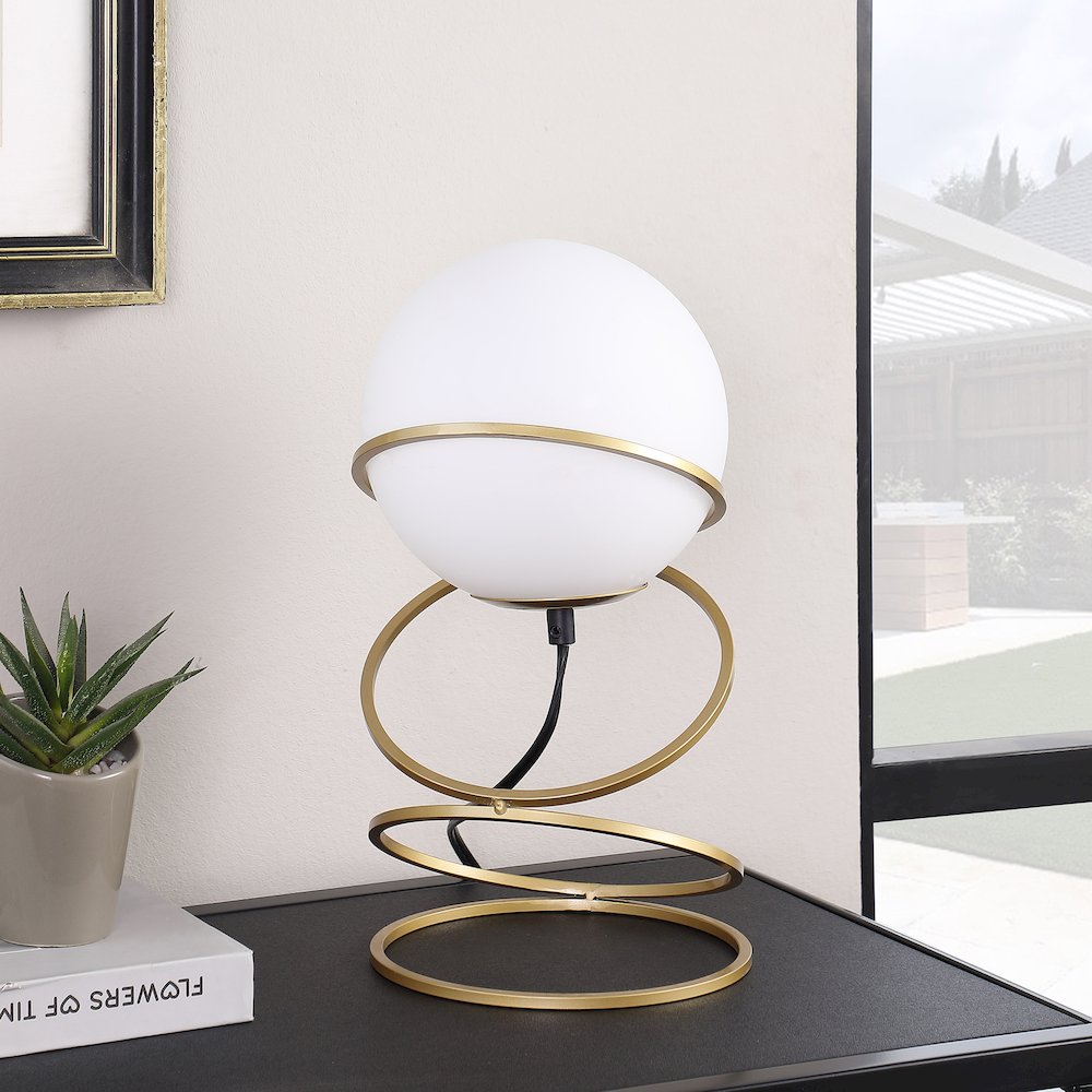 13.5" H Glass Globe Matte Gold Spiral 4 Ring Metal Stand Table Lamp. Picture 3