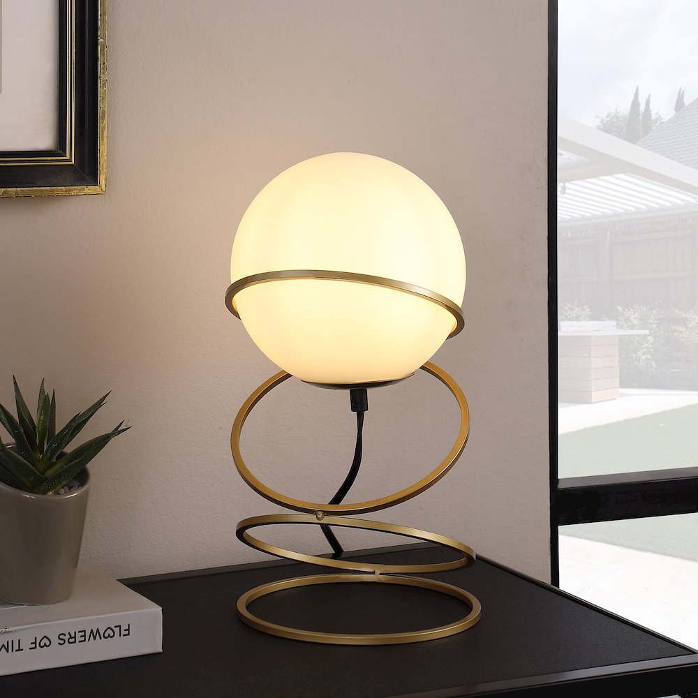 13.5" H Glass Globe Matte Gold Spiral 4 Ring Metal Stand Table Lamp. Picture 4