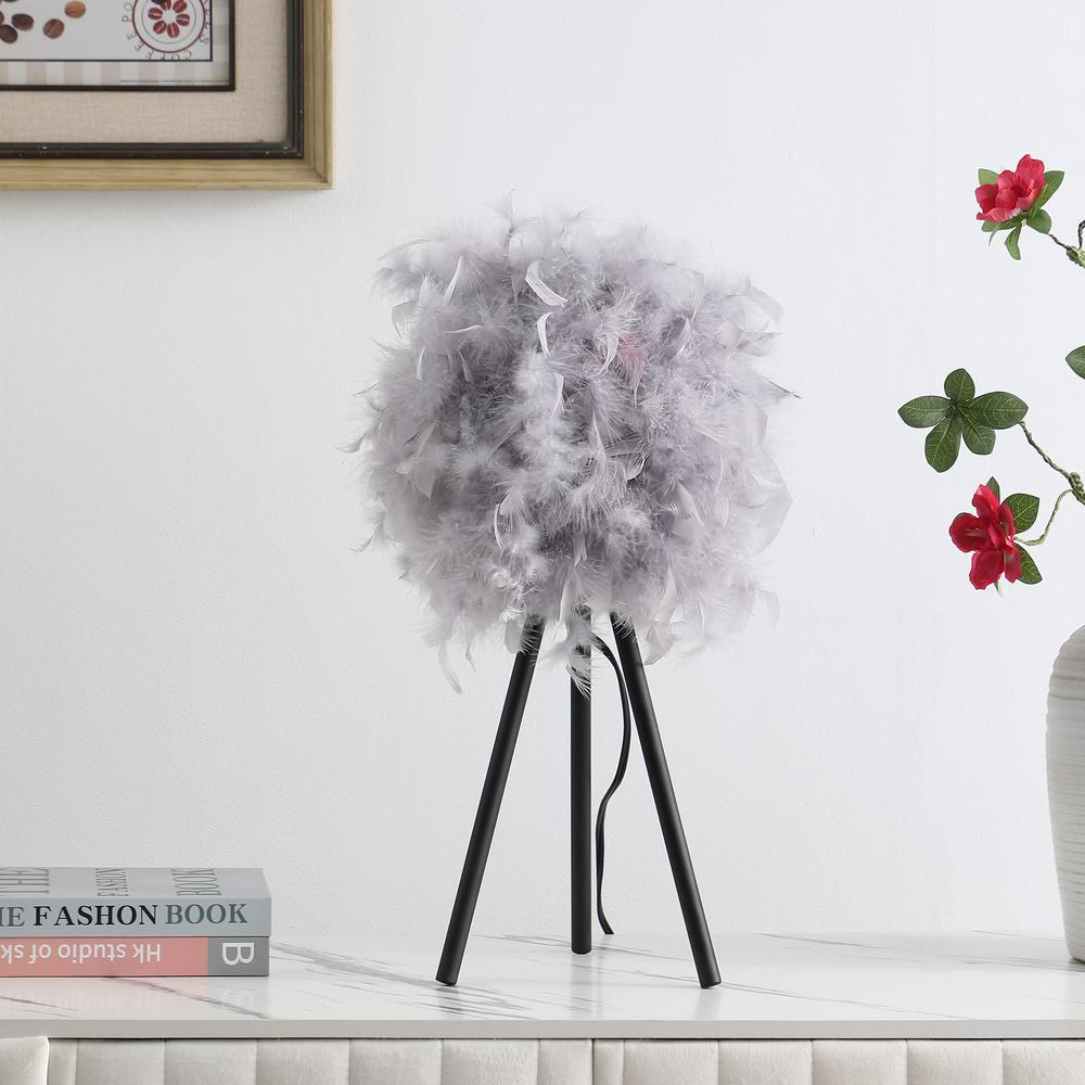 20.5" in SOFT GRAY FEATHER SHADE MODERN TRIPOD METAL TABLE LAMP. Picture 4