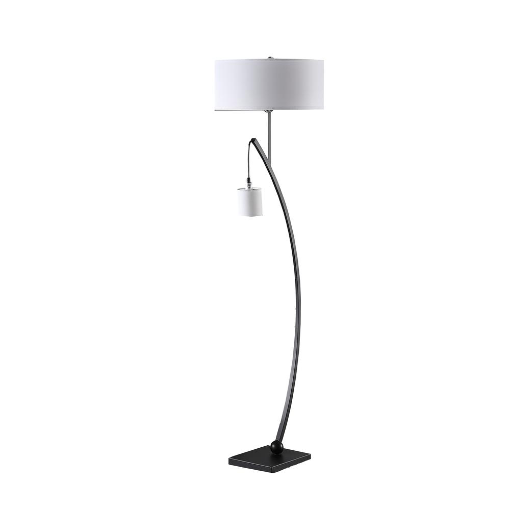 59" in CONTEMPORARY DUAL BLACK ARC W/ HANGING PENDELUM LAMP METAL FLOOR LAMP. Picture 1