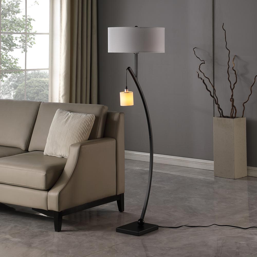 59" in CONTEMPORARY DUAL BLACK ARC W/ HANGING PENDELUM LAMP METAL FLOOR LAMP. Picture 4