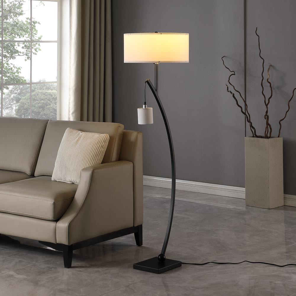 59" in CONTEMPORARY DUAL BLACK ARC W/ HANGING PENDELUM LAMP METAL FLOOR LAMP. Picture 5