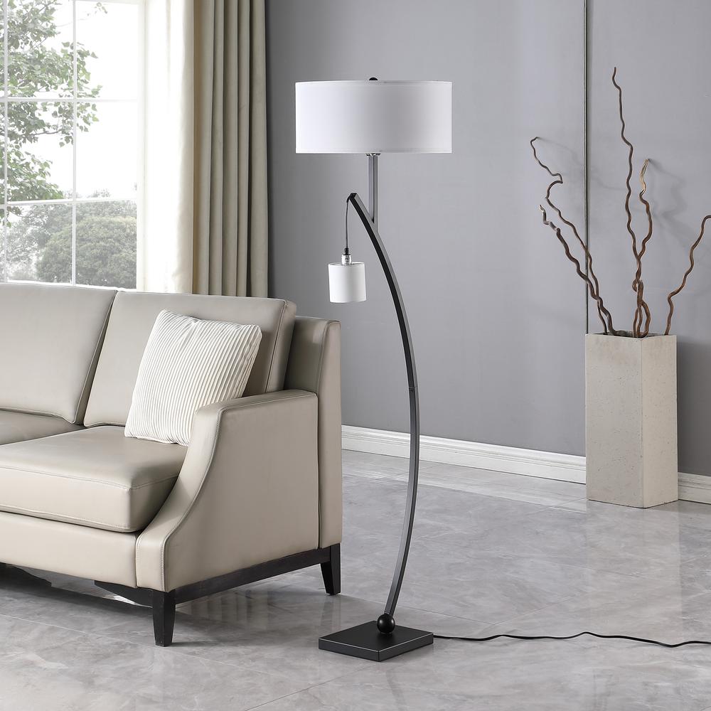 59" in CONTEMPORARY DUAL BLACK ARC W/ HANGING PENDELUM LAMP METAL FLOOR LAMP. Picture 6