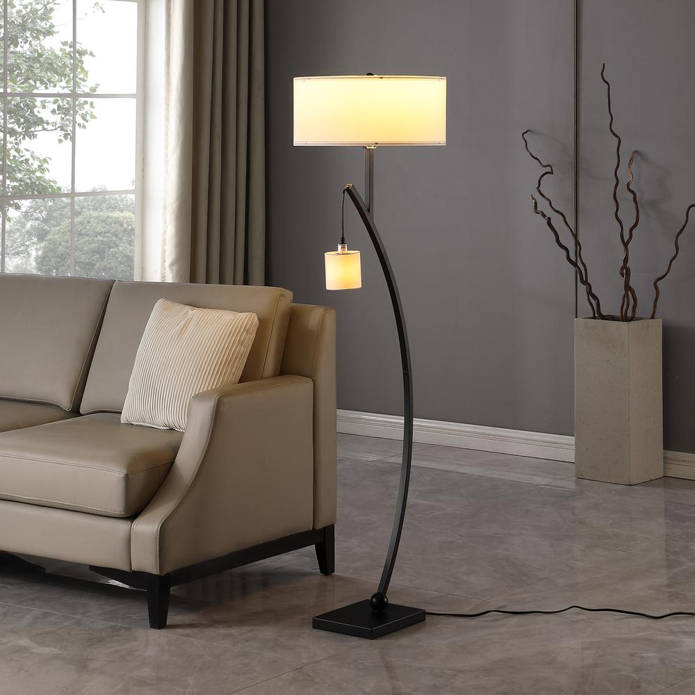 59" in CONTEMPORARY DUAL BLACK ARC W/ HANGING PENDELUM LAMP METAL FLOOR LAMP. Picture 3