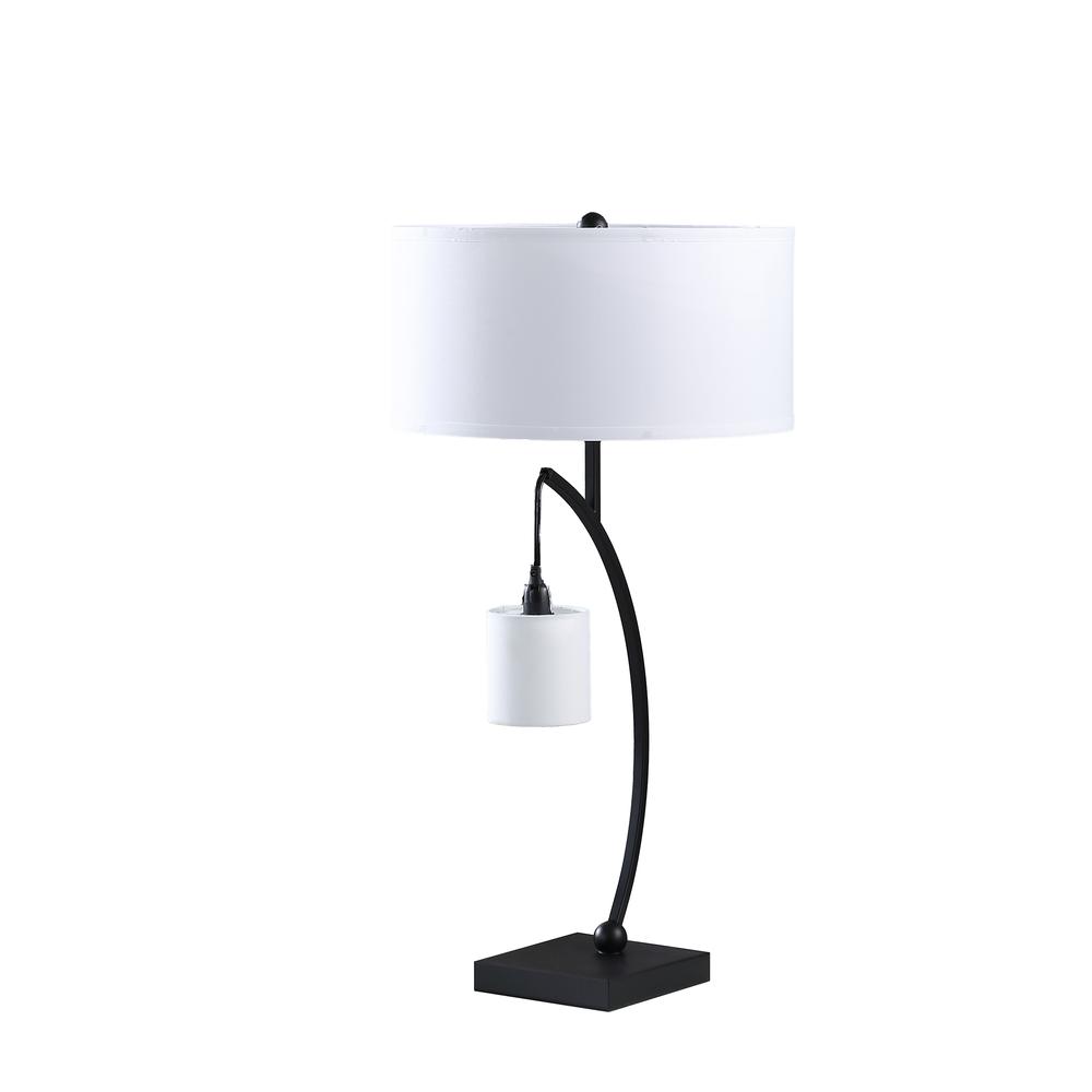 28.5" in CONTEMPORARY DUAL BLACK ARC W/ HANGING PENDELUM LAMP METAL TABLE LAMP. Picture 1