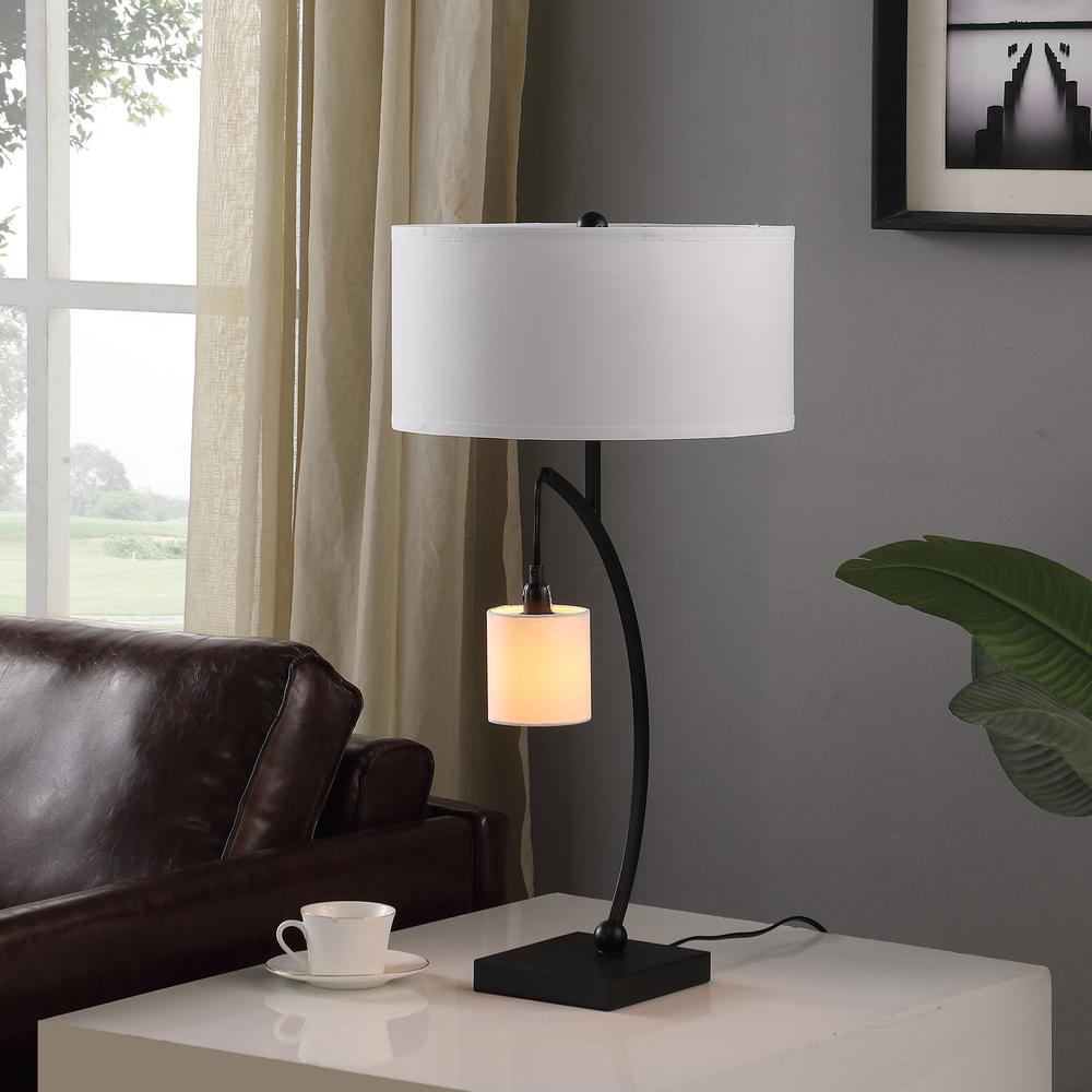 28.5" in CONTEMPORARY DUAL BLACK ARC W/ HANGING PENDELUM LAMP METAL TABLE LAMP. Picture 6
