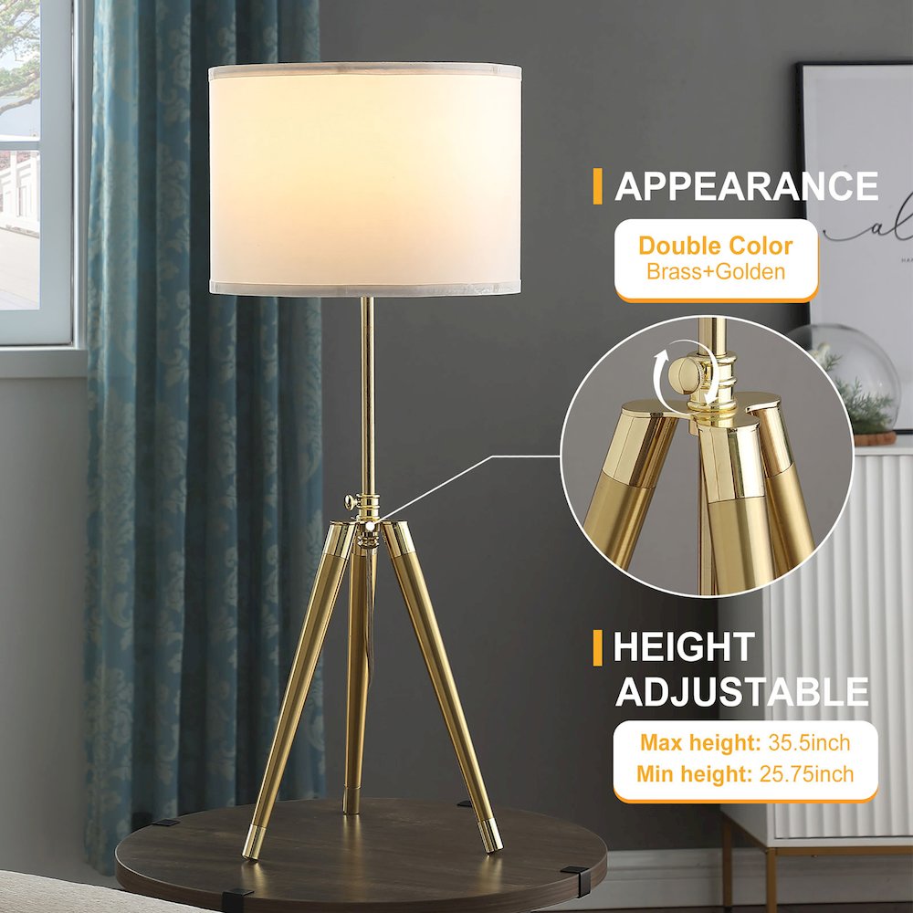 35.5" - 25.75"H Adjustable Hieght Brass/Shiny Gold Modern Tripod Table Lamp. Picture 9