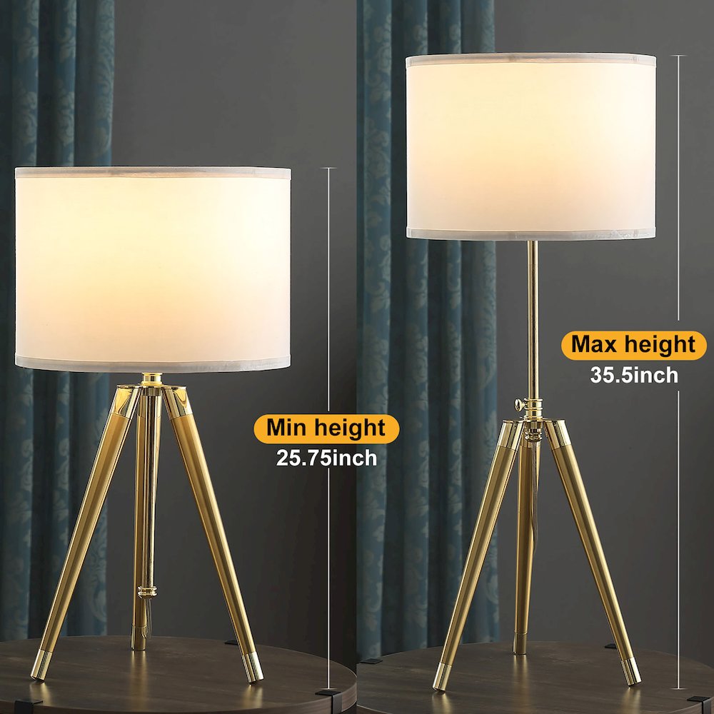 35.5" - 25.75"H Adjustable Hieght Brass/Shiny Gold Modern Tripod Table Lamp. Picture 8