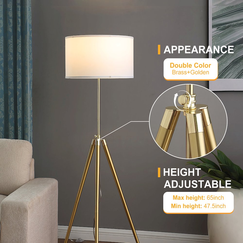 64" -47"H Adjustable Height Brass/Shiny Gold Modern Tripod Floor Lamp. Picture 9