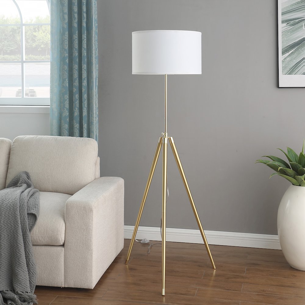 64" -47"H Adjustable Height Brass/Shiny Gold Modern Tripod Floor Lamp. Picture 6