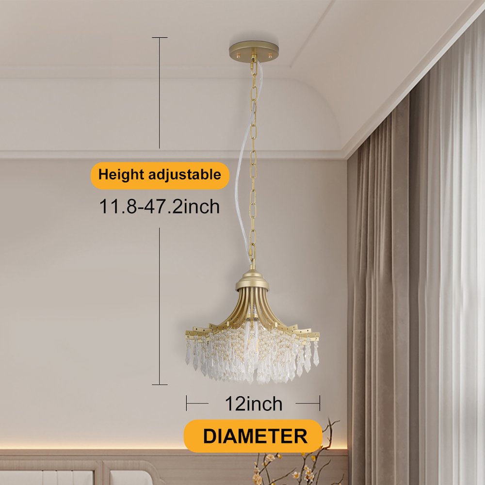 11.75" Dia X 10" H Single Bulb Matte Gold Glass Fan Shape Pendant Chandelier. Picture 7